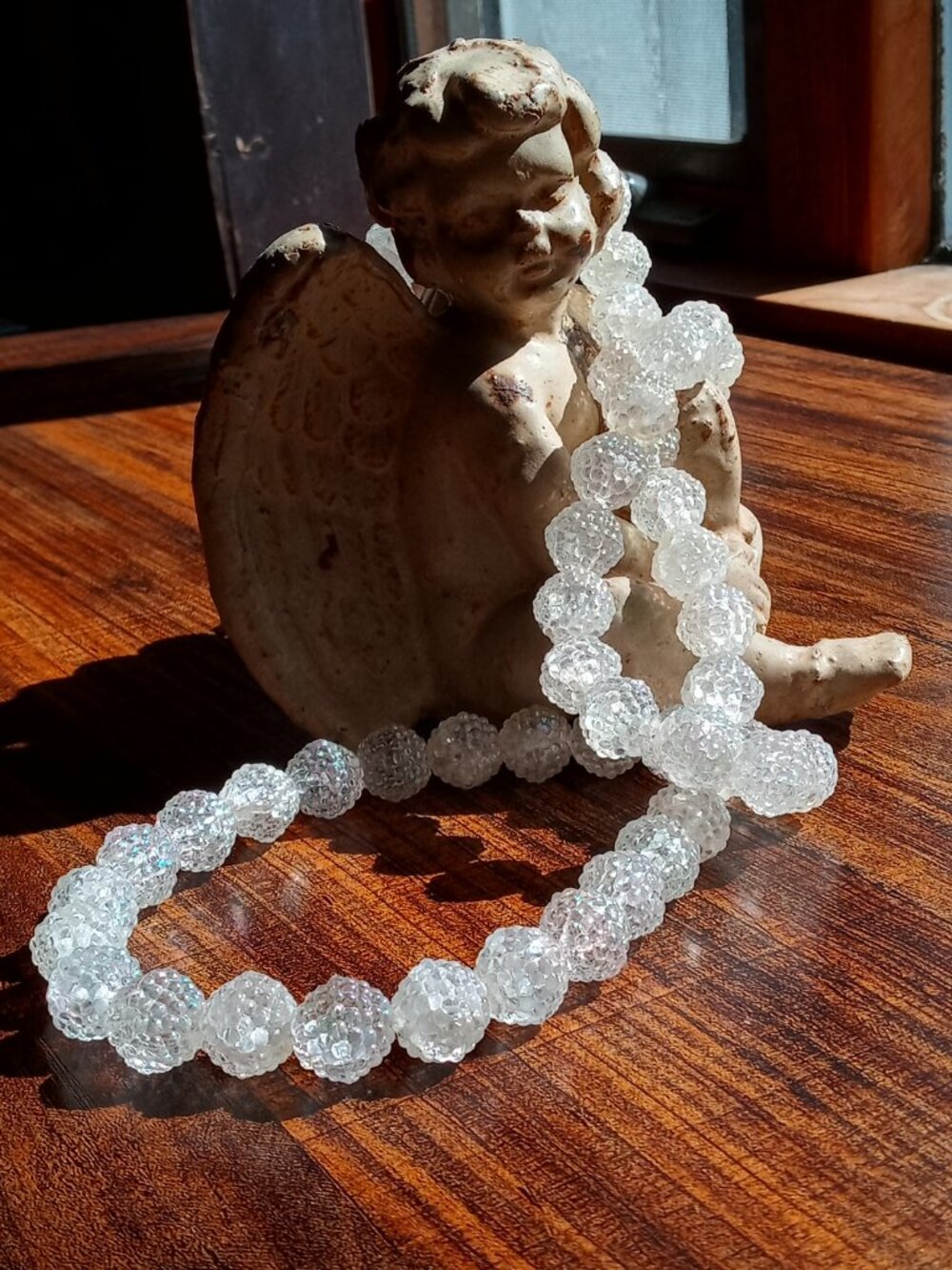 Vintage Clear Frosted Sugar Bead Endless Necklace Mid-Century Lucite Statement